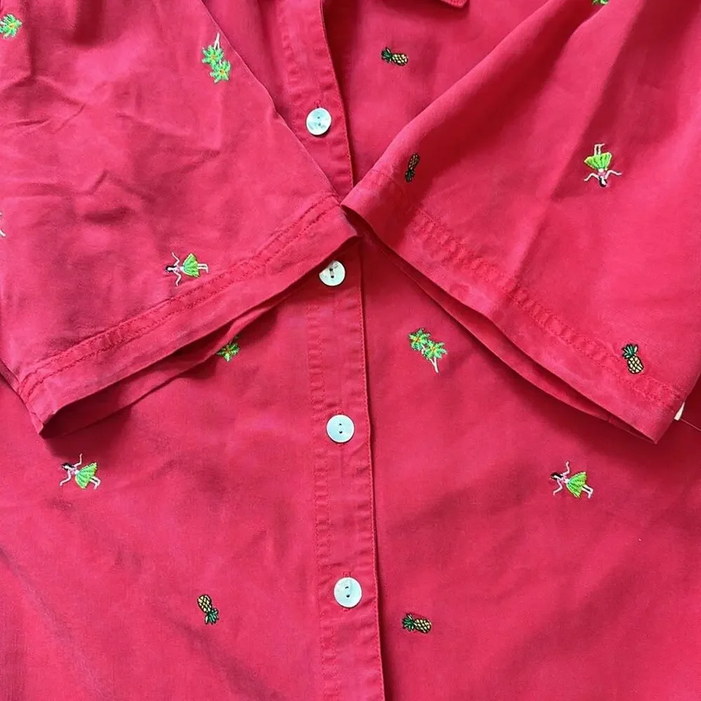 Amy K Su Embroidered Button Up Shirt Tropical Pineapples Hula Girls Red Size 2X